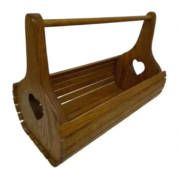 Wooden Slat Storage Basket Fruit Vegetable Tool Caddy Heart Cutout Carry Handle - Picture 1 of 12